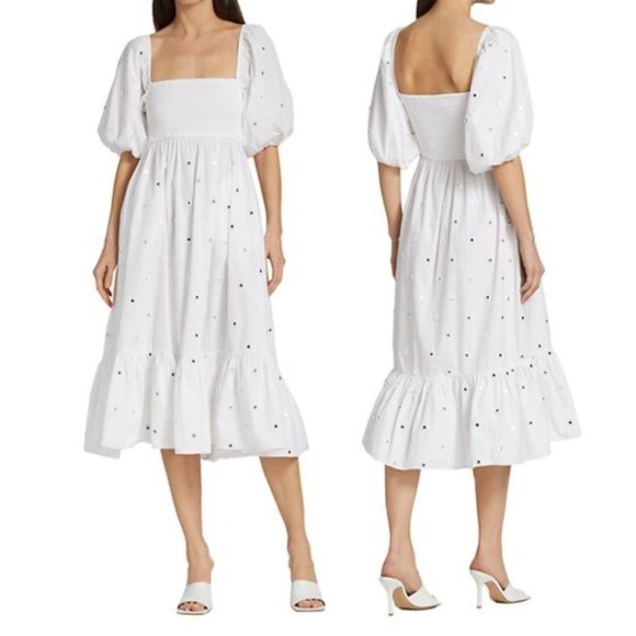 Rhode Eloise Eyelet Midi-dress White Mirror Smocked Bodice Puff Sleeves Small - Picture 1 of 8